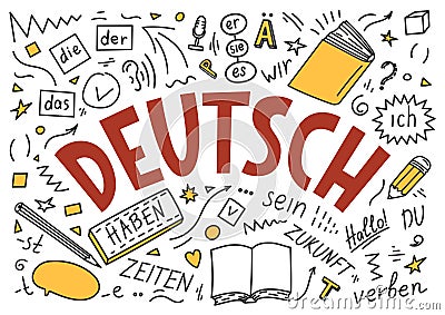 Deutsch. Translation: `German`. German language hand drawn doodles and lettering. Vector Illustration