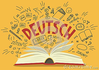 Deutsch. Translation: `German`. German language hand drawn doodles and lettering. Vector Illustration