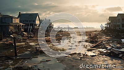 A devastated coastal area with damaged homes and debris scattered along the water, under a cloudy sky Stock Photo