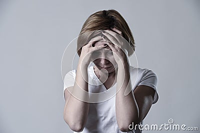 Devastated depressed woman crying sad feeling hurt suffering depression in sadness emotion Stock Photo