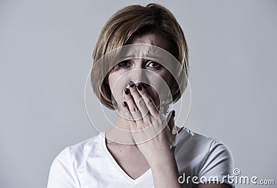 Devastated depressed woman crying sad feeling hurt suffering depression in sadness emotion Stock Photo