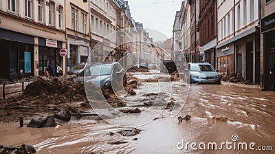 Devastating Flood Waters Carry Mud and Debris Through City Streets. Stock Photo