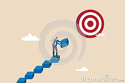 Develop business plan to achieve target, build stair to success or career growth, action plan or effort to reach goal, motivation Vector Illustration