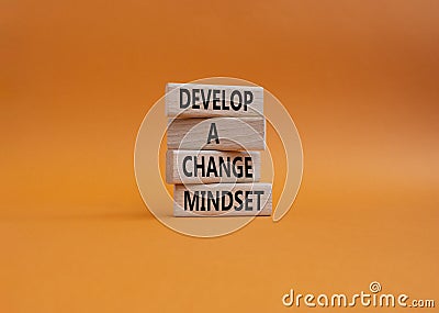 Develop a change mindset symbol. Concept words Develop a change mindset on wooden blocks. Beautiful orange wbackground. Business Stock Photo