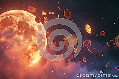 Develop a 3D rendering showcasing Bitcoins swiftly traveling towards an enchanting moon offering a unique take on a universal Stock Photo
