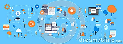 Develop map mobile computer screen chat interface online messenger concept isometric people communication cartoon Vector Illustration