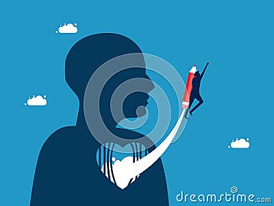 Develop mind. man flies with pencil out of heart prison Vector Illustration