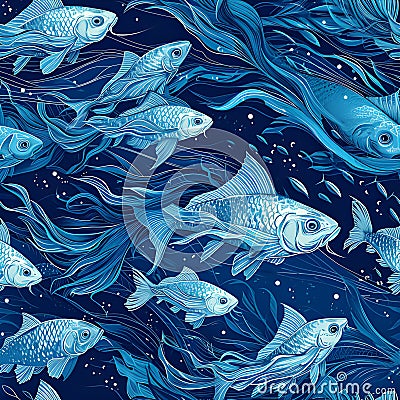 seamless organic pattern inspired by the graceful movement of a school of fish in the depths of the ocean. AI Generated Stock Photo