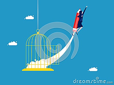 Developed for freedom and out of the box. Businesswoman flying with pencil from prison Vector Illustration