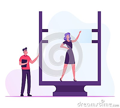 Developer Engineer Stand at Automatic Three Dimensional 3d Printer Perform Female Prototype Creation. 3d Printing Vector Illustration