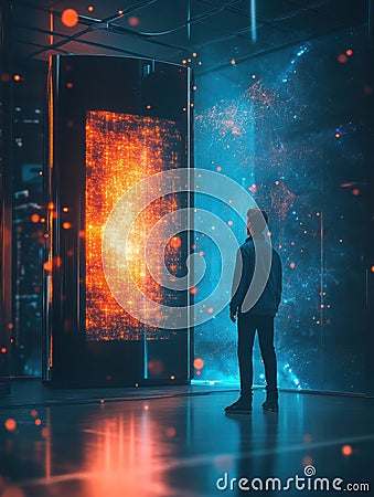 Quantum computing developer engages with holographic algorithms next to a glowing quantum computer in a futuristic tech Stock Photo