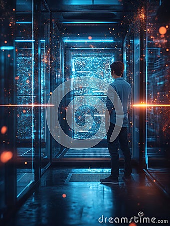 Quantum computing developer explores holographic algorithms in high-tech environment Generative AI Stock Photo