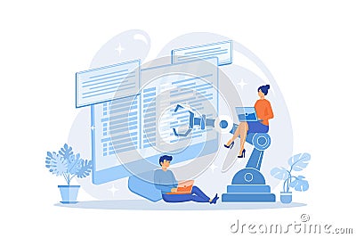 Developer at laptop and computer with open robotic soft. Open automation architecture, open source robotics soft, free development Vector Illustration