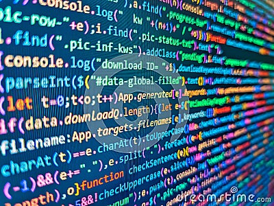 Developer occupation work photo. Coding, programming, hacking concept. Binary code digital technology background. Developer Stock Photo