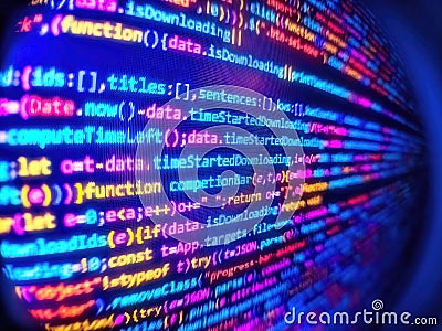 Developer occupation work photo. Software background technology. Programmer occupation job. Application source code. Template of Stock Photo