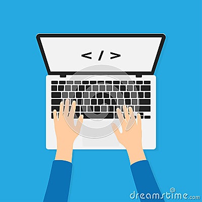 Developer, programmer working with laptop and typing code. Programming and coding background concept Vector Illustration