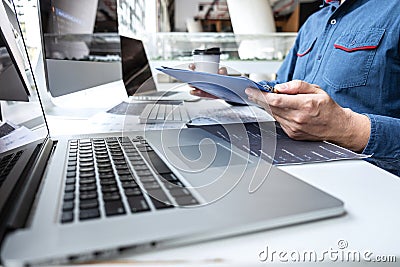 Developer programmer working on project in software development computer in IT company office, Writing codes and data code website Stock Photo