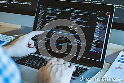 Developer programming pointing coding technology. Website design Safety of the social world Cyberspace concept Editorial Stock Photo