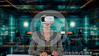 IT developer typing computer code for analyzing intelligent by VR. Contraption. Stock Photo