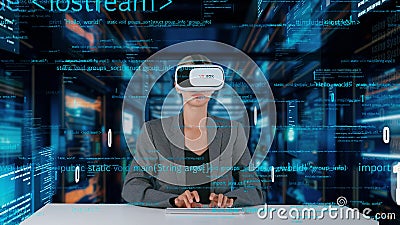 IT developer typing computer code for analyzing intelligent by VR. Contraption. Stock Photo