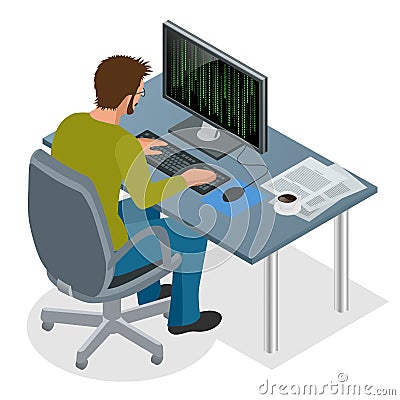 Developer Using Laptop Computer. Web Development concept. Web programming concept. Programming, coding, testing Vector Illustration