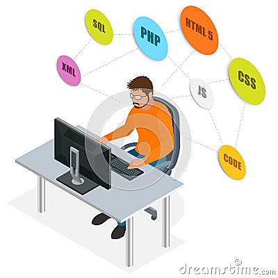 Developer Using Laptop Computer. Web Development concept. Web programming concept. Programming, coding, testing Vector Illustration