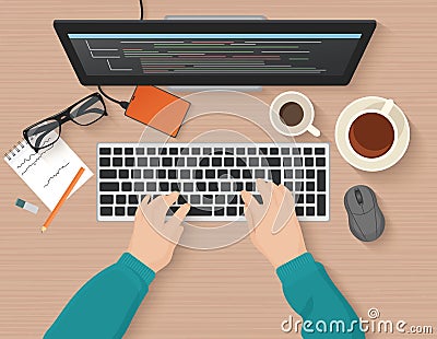 Developer working at computer. Programmer hands coding. Programming flat illustration concept. Vector top view. Vector Illustration