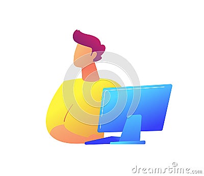 Developer working at desktop computer vector illustration. Vector Illustration