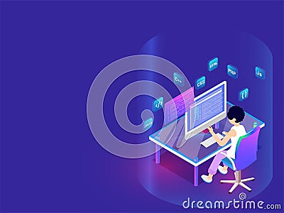 Developer working on desktop, different programing languages signs on shiny blue background for Software programming concept base Stock Photo