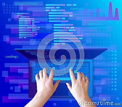 Developer working on keyboard of laptop. Programming and coding, website development. Vector Illustration