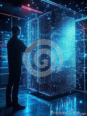 Quantum computing developer engages with holographic algorithms in a high-tech environment illuminated by a glowing Stock Photo