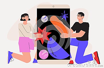 Developers building mobile application from abstract shapes. Ui ux design, app project development, coding concept. Vector Illustration