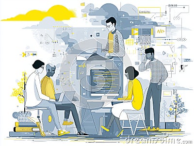 Developers collaborating on coding projects in modern workspace, showcasing teamwork and creativity. illustration features diverse Cartoon Illustration