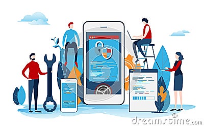 Developers create the startup project. Mobile application development process. User interface. Flat cartoon vector Cartoon Illustration