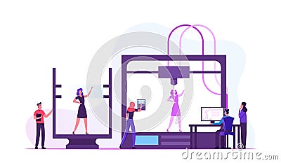 Developers and Engineers using 3d Printer for Creating Model of Alive Woman in Laboratory. Modeling Printing Progress Vector Illustration