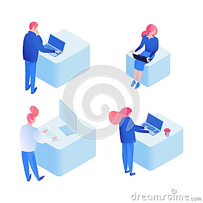 Developers programming, coding isometric illustrations set Vector Illustration