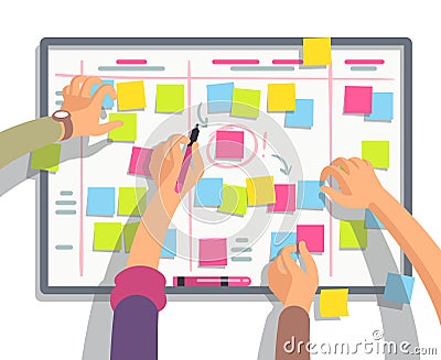 Developers team planning weekly schedule tasks on task board. Teamwork and collaboration vector flat concept Vector Illustration