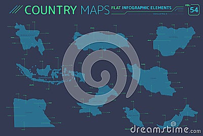 Developing-8, Bangladesh, Egypt, Nigeria, Indonesia, Iran, Malaysia, Pakistan and Turkey Vector Maps Vector Illustration