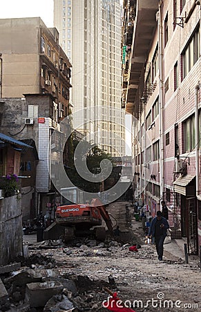 Excavators Urban construction Urban architecture Demolition Editorial Stock Photo