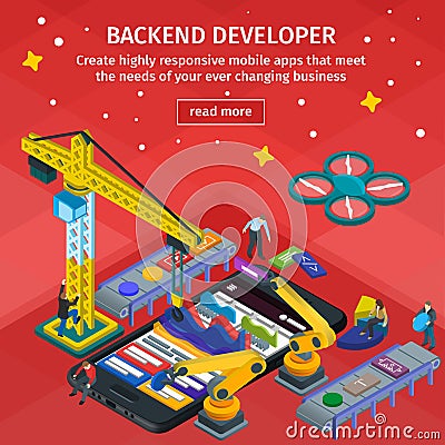 Developing mobile applications flat 3d isometric style. People w Vector Illustration