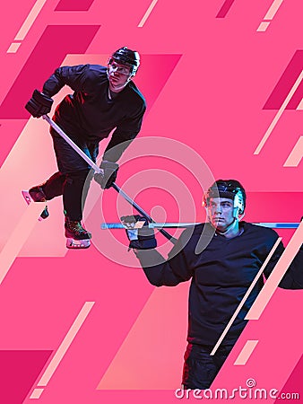 Creative artwork of professional male hockey player training isolated over pink background Stock Photo