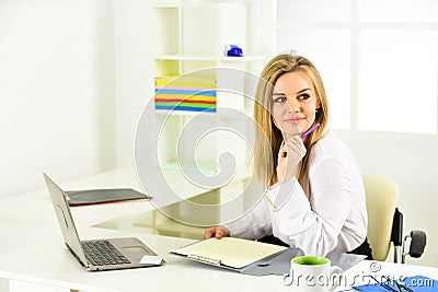 Developing new approaches. woman use laptop at workplace. secretary everyday routine. modern life concept. back to Stock Photo