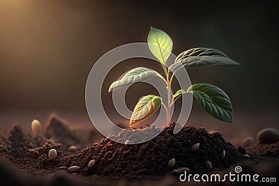 Developing plant, Young plant with a ground backdrop and dawn light Stock Photo