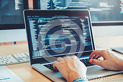 Developing programmer Development Website design and coding technologies working in software company office Stock Photo