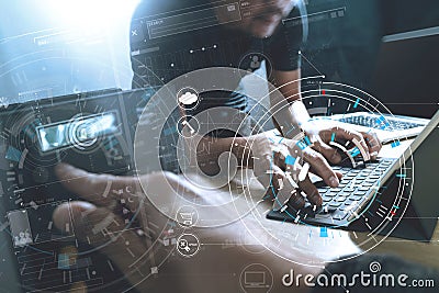 Developing programming and coding technologies. Website Team design. Cyber space content.Big data concept with VR diagram. Stock Photo