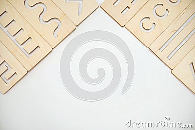 The developing rulers are simulated by Montessori for preschoolers. the concept of preparing a child`s hand Stock Photo