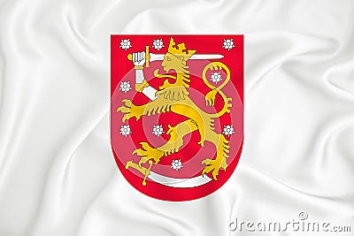 A developing white flag with the coat of arms of Finland. Country symbol. Illustration. Original and simple coat of arms in Stock Photo