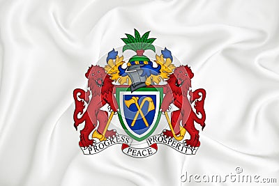 A developing white flag with the coat of arms of Gambia. Country symbol. Illustration. Original and simple coat of arms in Stock Photo