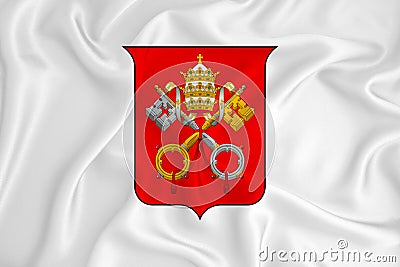A developing white flag with the coat of arms of Vatican. Country symbol. Illustration. Original and simple coat of arms in Stock Photo