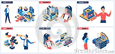 Development of business idea, CRM system, operating crypto platform set and tiny people Vector Illustration
